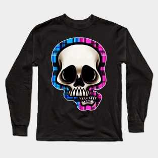 Pink and Blue Split Plaid Skull Long Sleeve T-Shirt